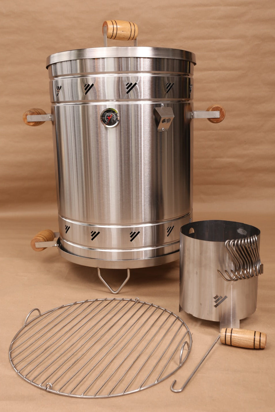 3-in-1 Stainless Steel 304 Smoker Barrel Grill – Vertical Charcoal BBQ Smoker Furniture – 10-HOOK HANGING SYSTEM — UP TO 30 LBS CAPACITY