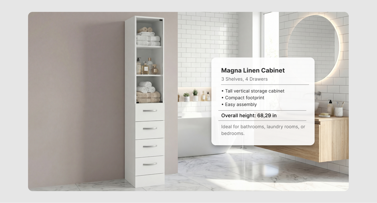 12- Inch Magna Linen Cabinet with Three Shelves, Four Drawers and Metal Handles – overview