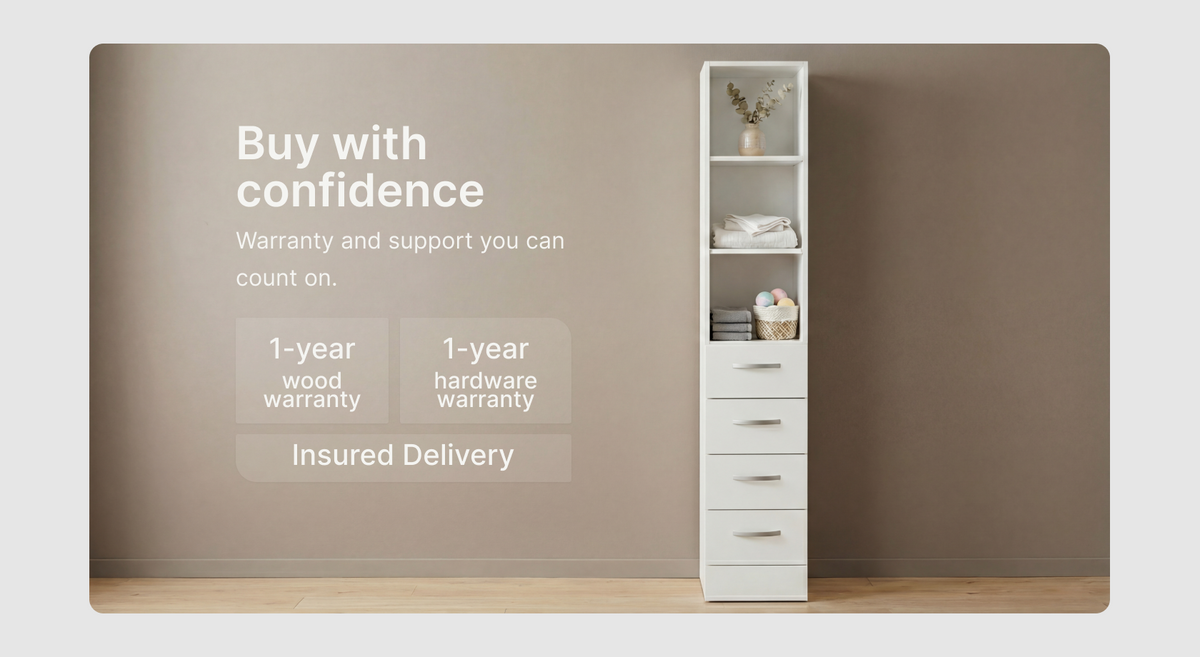 12- Inch Magna Linen Cabinet with Three Shelves, Four Drawers and Metal Handles – warranty