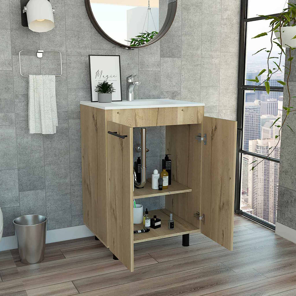 24-Inch Dustin Free Standing Storage Cabinet with Double Door and 2 Open Shelves – Concealed Cabinet Storage