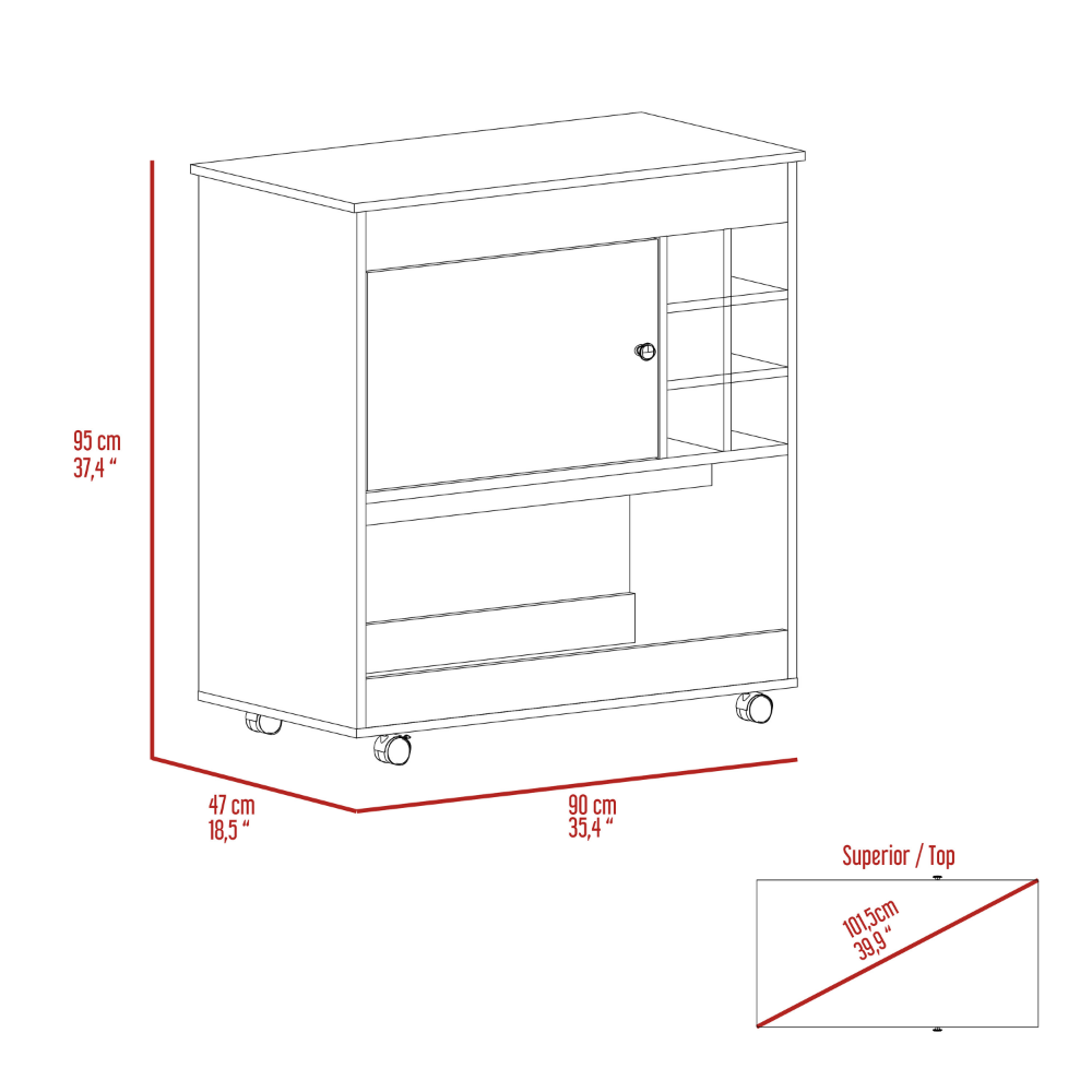 35-Inch Lotus Bar Cart with Casters – Open Lower Shelf