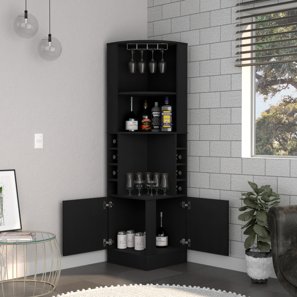 26-Inch Cairo Corner Bar Cabinet with Wine Rack and Double Door – Open Display Shelving