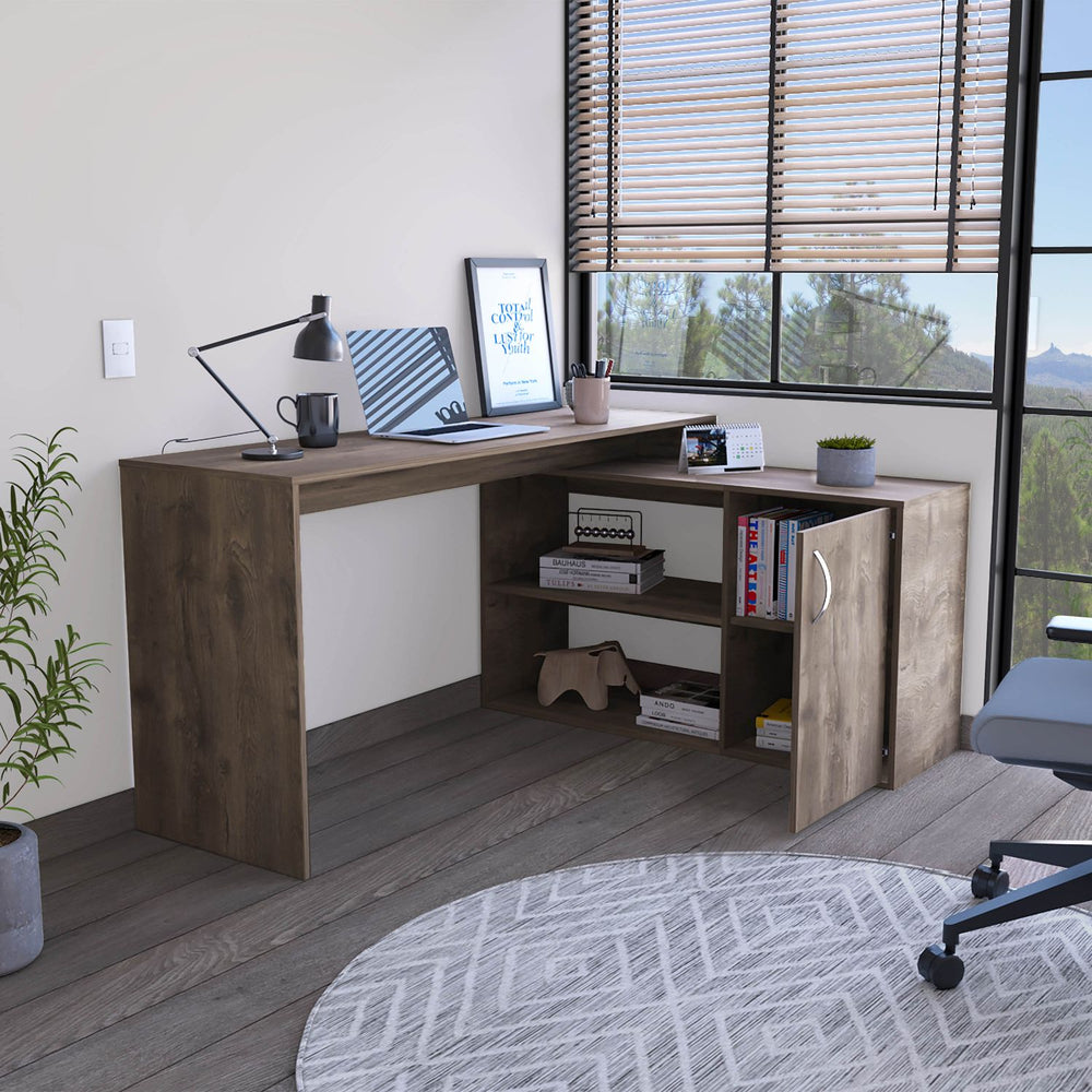 60-Inch Pearl L-Shaped Computer Desk with Single Door and 2 Open Shelves – Concealed Cabinet Storage