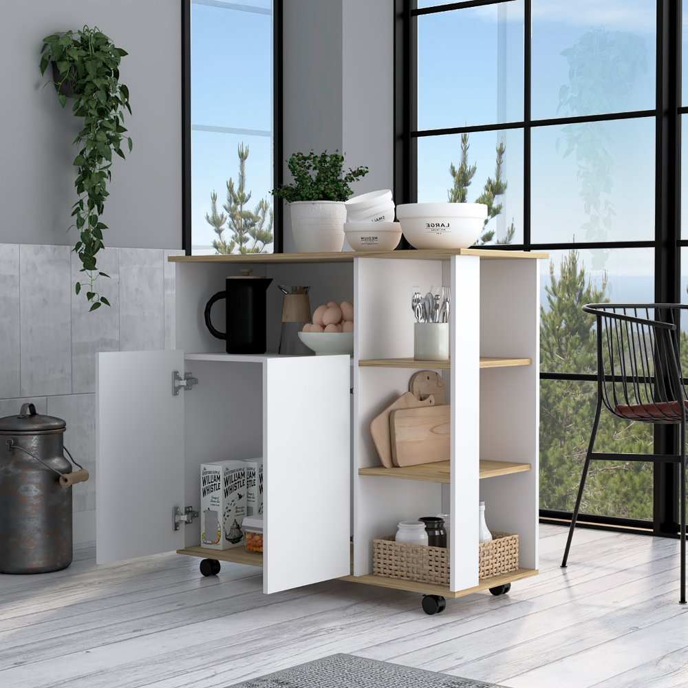 St. Thomas Rolling Kitchen Cart with Casters and Double Door – Cabinet and Open Shelf Storage
