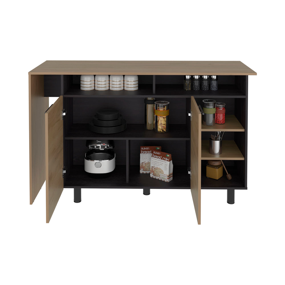 Bowdon Kitchen Island with an Open Shelf Niche, a Cabinet with Adjustable Shelving, and Open Side Shelving – Cabinet with Adjustable Shelving