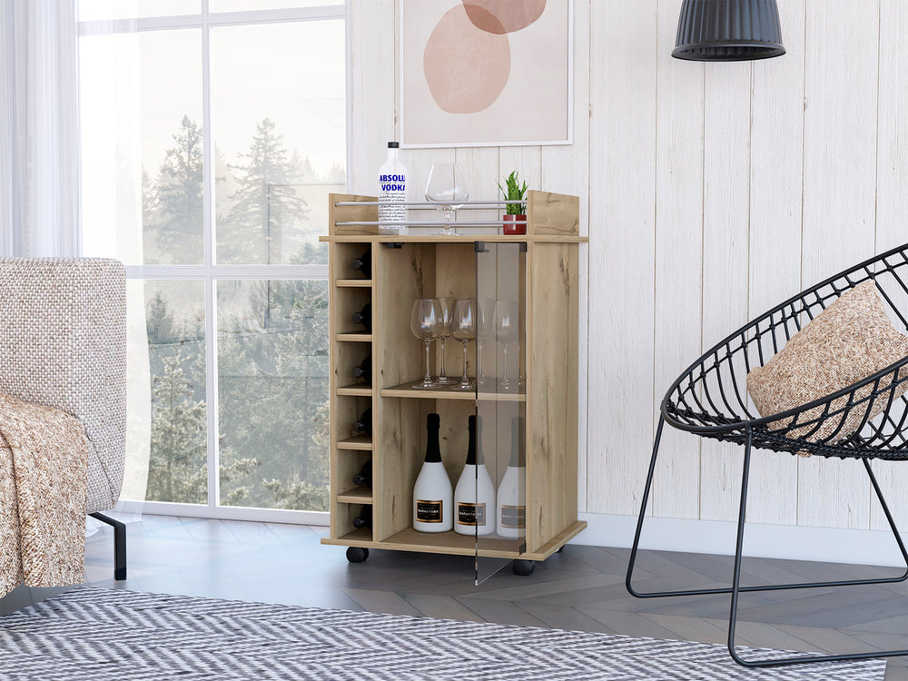 22-Inch Huali Bar Cart with Wine Rack and Casters – Glass-Front Cabinet Storage