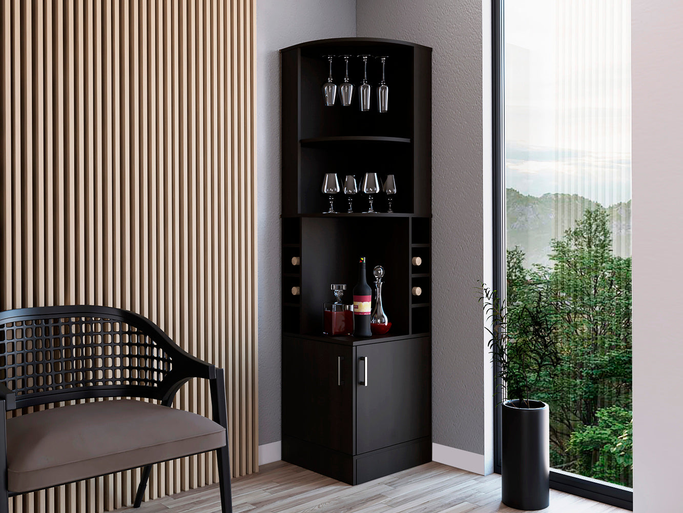 Egina Corner Bar Cabinet, Two External Shelves