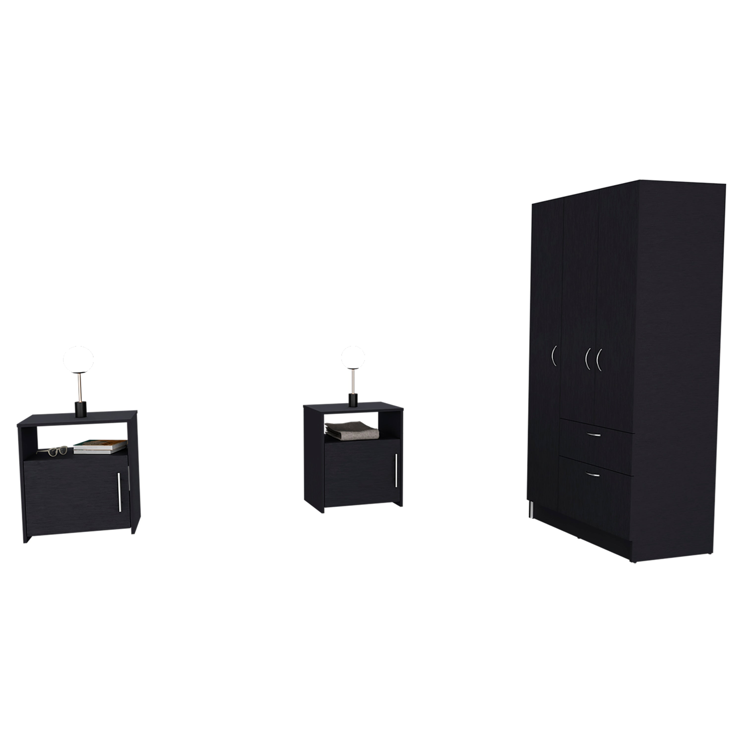 Lubec Three Piece Bedroom Set, Cartagena Armoire + Two Omaha Nightstands, Black