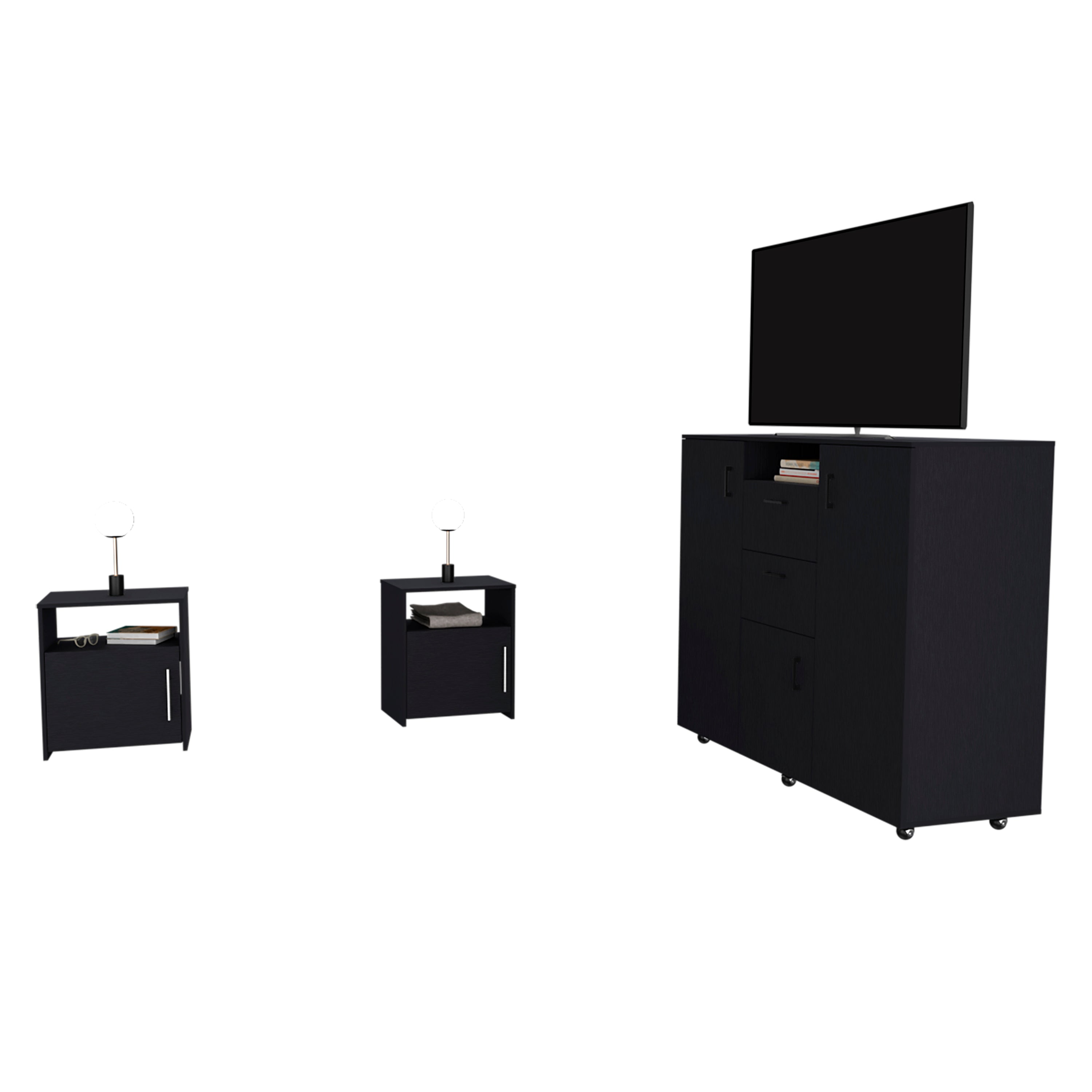 Newport Three Piece Bedroom Set, Milano Double Door Cabinet Dresser + Two Omaha Nightstands, Black