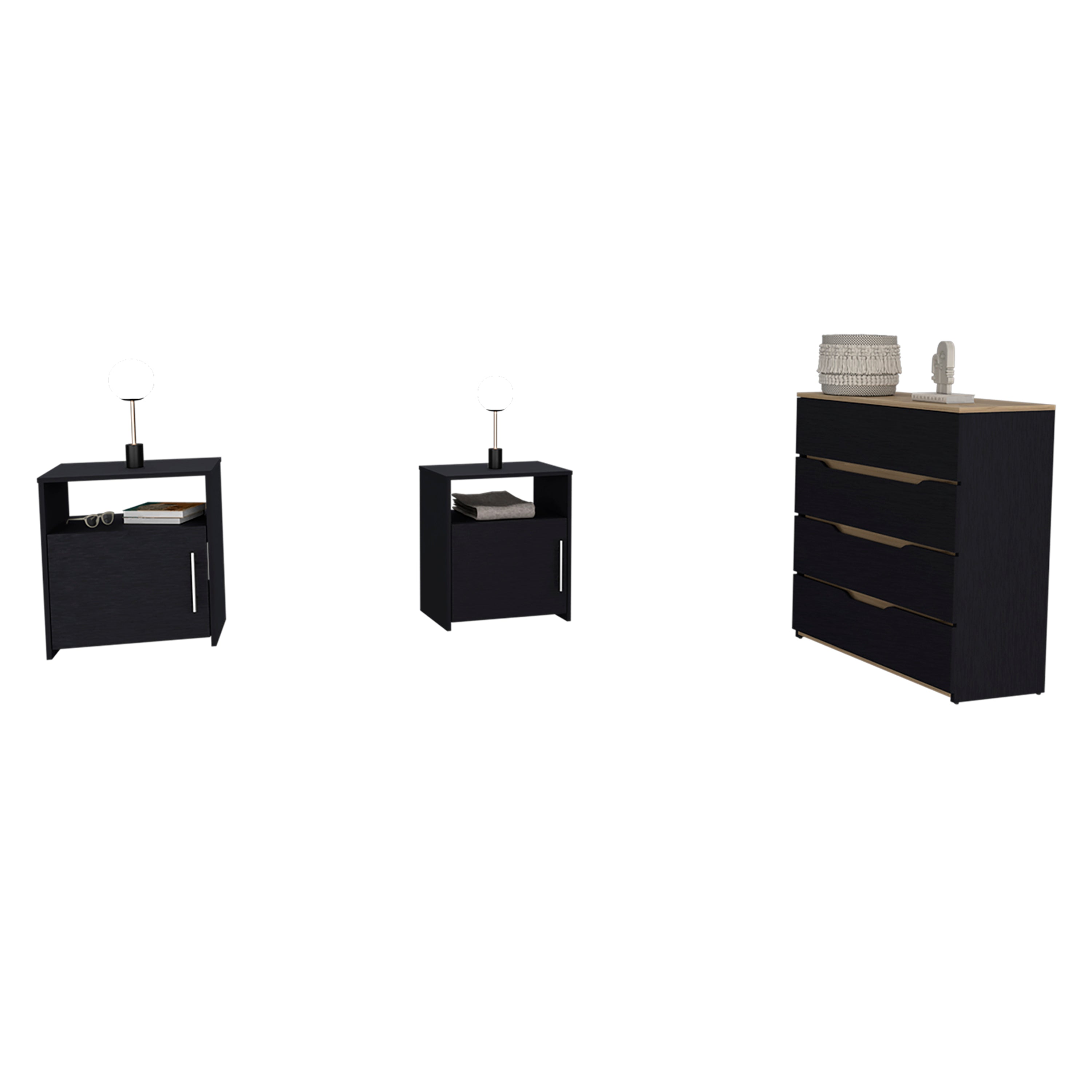 Myra Three Piece Bedroom Set, Aralia Drawer Dresser, Two Omaha Nightstands, Black / Light Oak