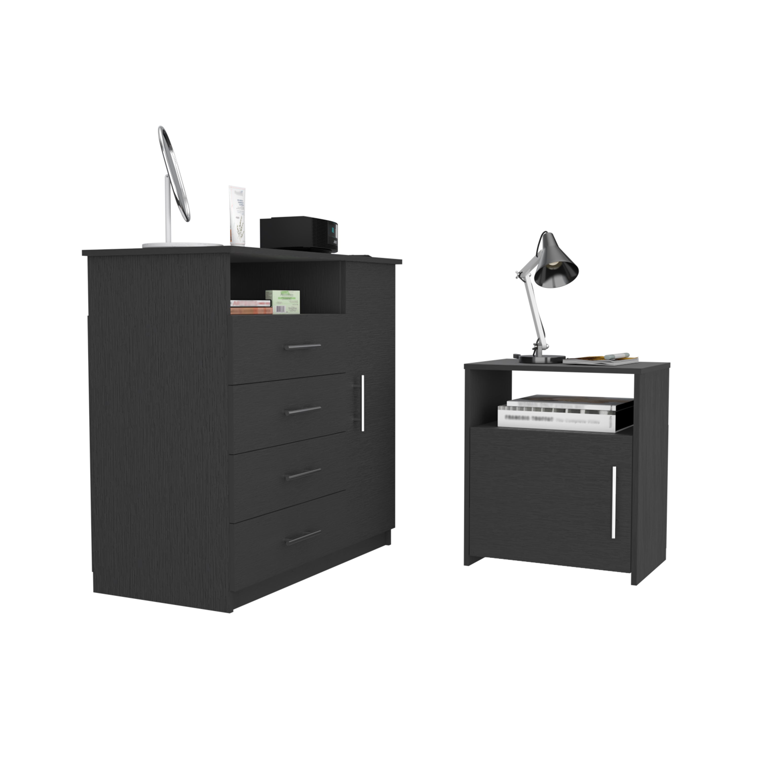 Maine Two Piece Bedroom Set, Rioja Four Drawer Dresser + Omaha Nightstand, Black