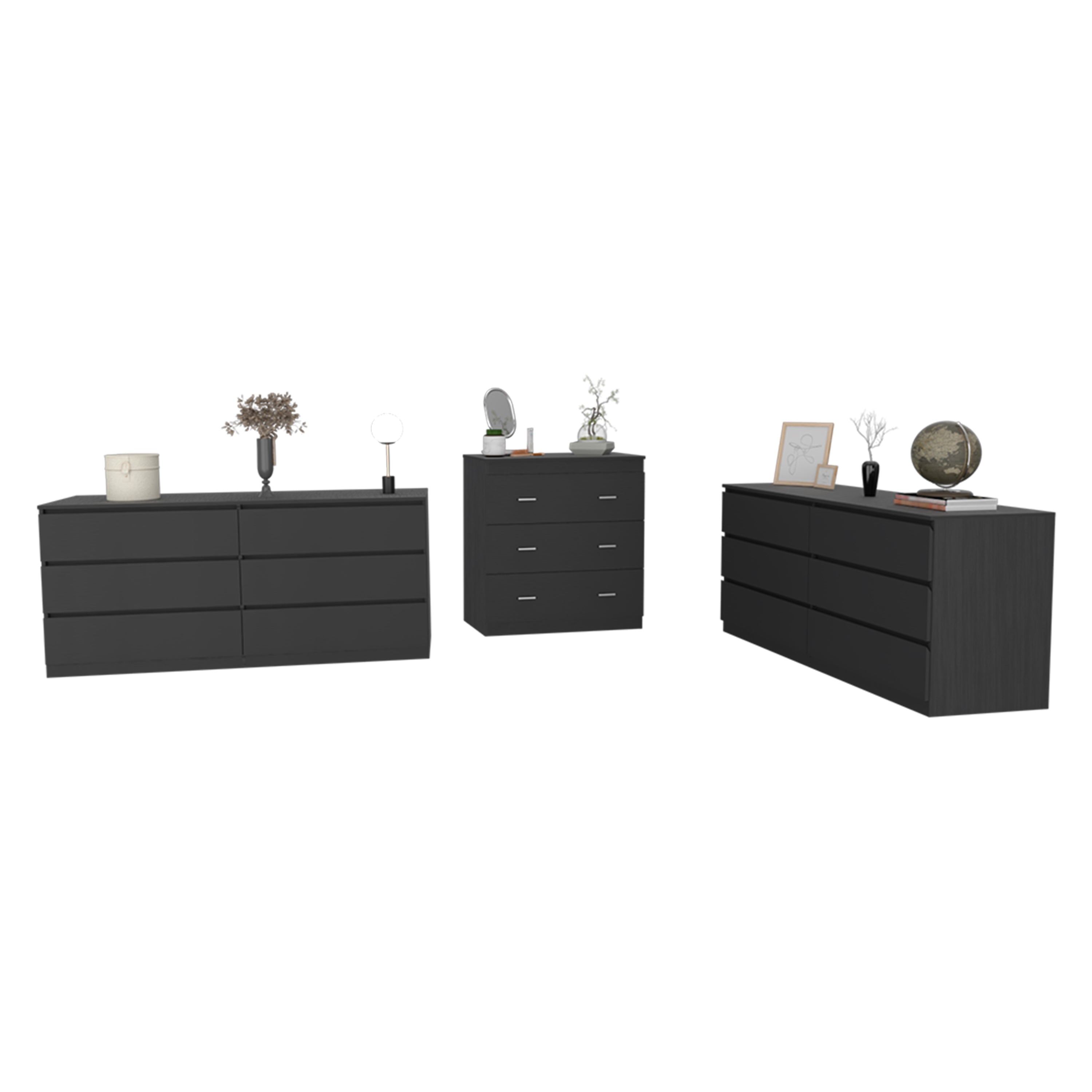 Medway Three Piece Bedroom Set, Two Cocora Six Drawer Double Dressers + Capri Three Drawer Dresser, Black