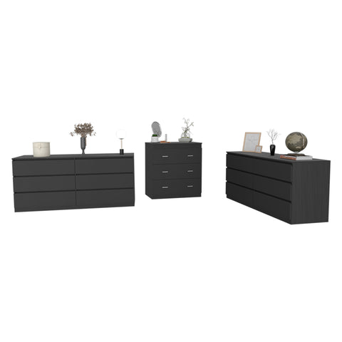 Medway 3 Piece Bedroom Set, 2 Cocora 6 Drawer Double Dressers + Capri Three Drawer Dresser, Black
