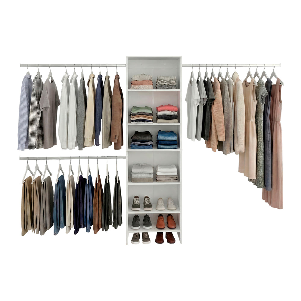 Valdese Walk-In Closet Organizer System with an Open Shelving Tower and Adjustable Hanging Rods – Paired-Height Hanging Rods