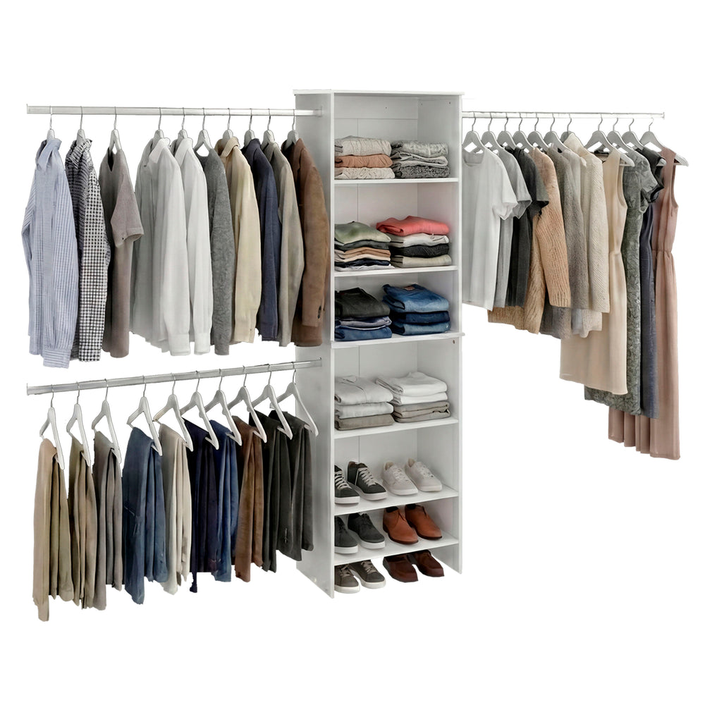 Valdese Walk-In Closet Organizer System with an Open Shelving Tower and Adjustable Hanging Rods – Wide Wall Coverage