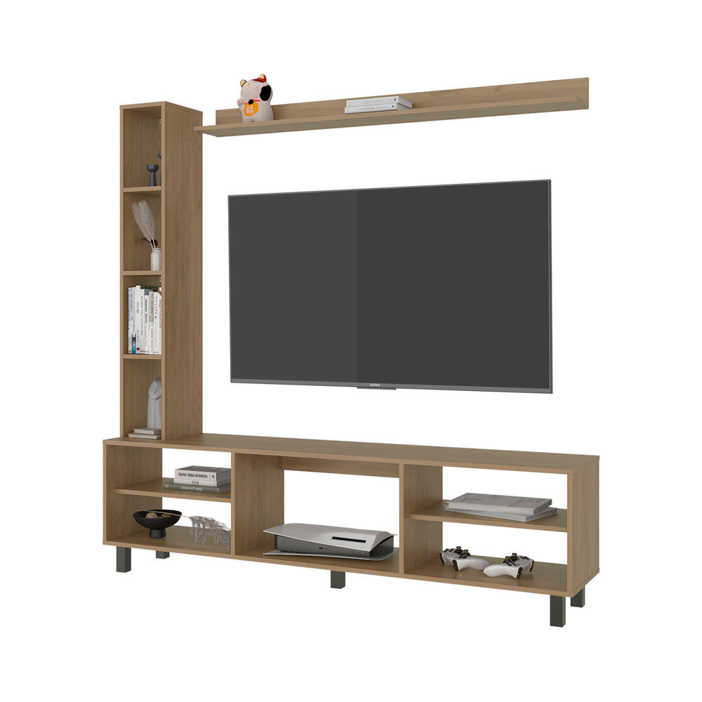 66-Inch Entertainment Center Wall Unit with Bookshelf & Floating Shelf – Fits TVs up to 65" – Natural Oak Manufactured Wood