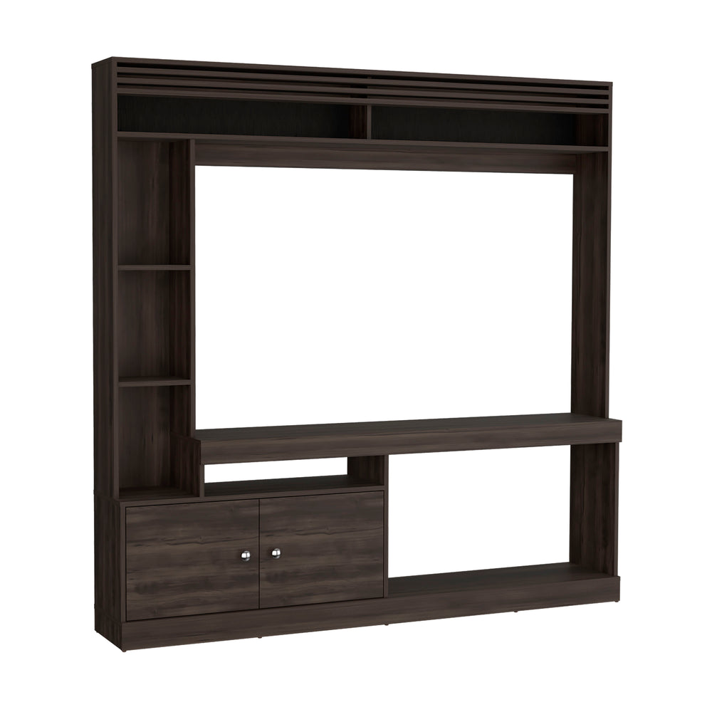 71-Inch Oberlin Entertainment Center with Double Door and 7 Open Shelves – Sturdy Walnut Build