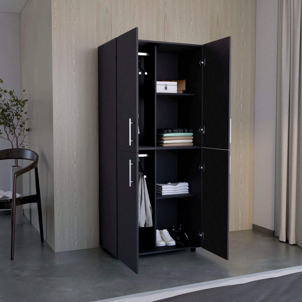 32-Inch Hazel Armoire with Double Door and 6 Open Shelves – Black Finish