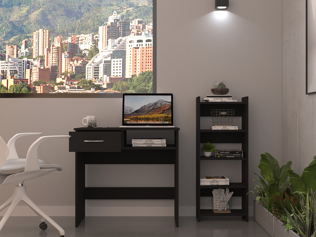 Treia Home Office Set, Two Parts Set, One Drawer, Desktop, Keyboard Tray, Stand, Five Shelves