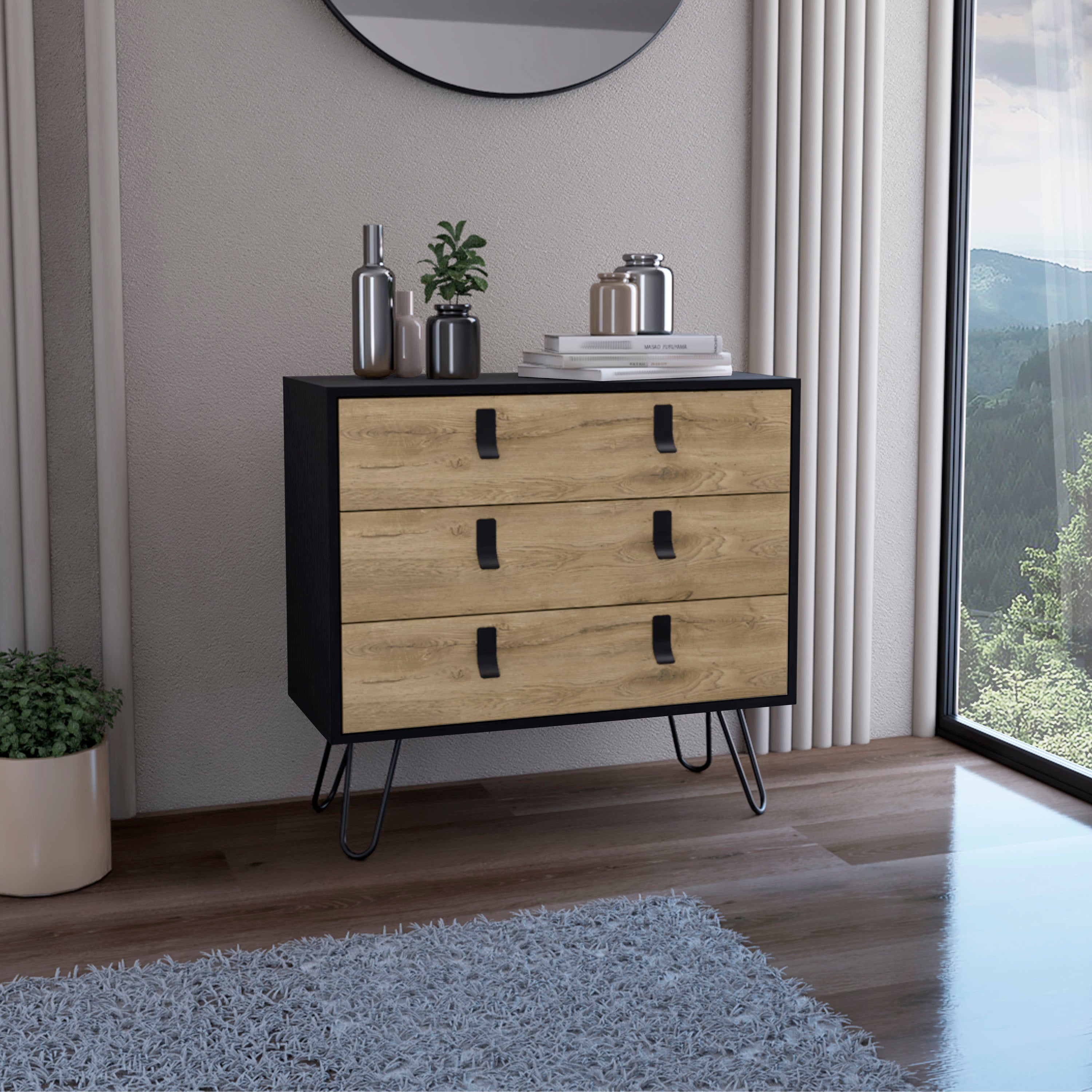 Huna Three-Drawer Dresser, Modern Chest of Drawers with Hairpin Legs and Metal Accents