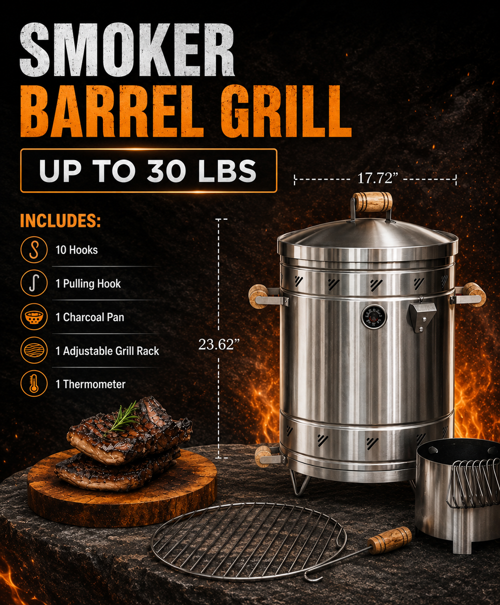 3-in-1 Stainless Steel 304 Smoker Barrel Grill – Vertical Charcoal BBQ Smoker Furniture – STAINLESS STEEL 304 GRADE, 20 GAUGE CONSTRUCTION