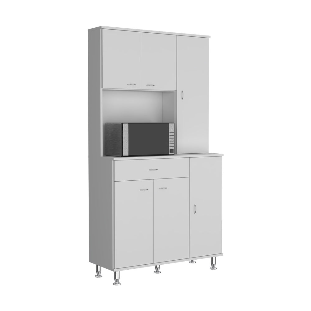 Helis Kitchen Pantry Cabinet with 1-Drawer and 2 Open Shelves – Dedicated Microwave Niche