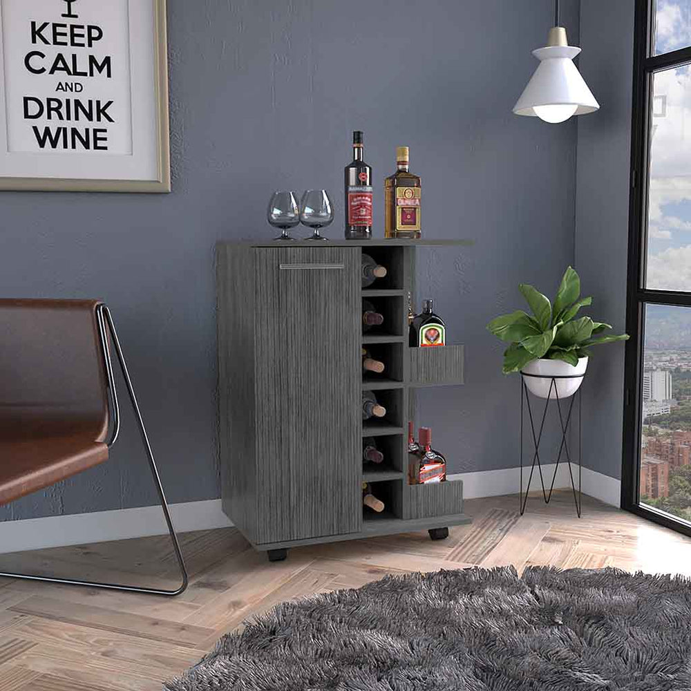 Magda Bar Cart, Four Casters, Six Built-in Wine Rack, Single Door Cabi ...