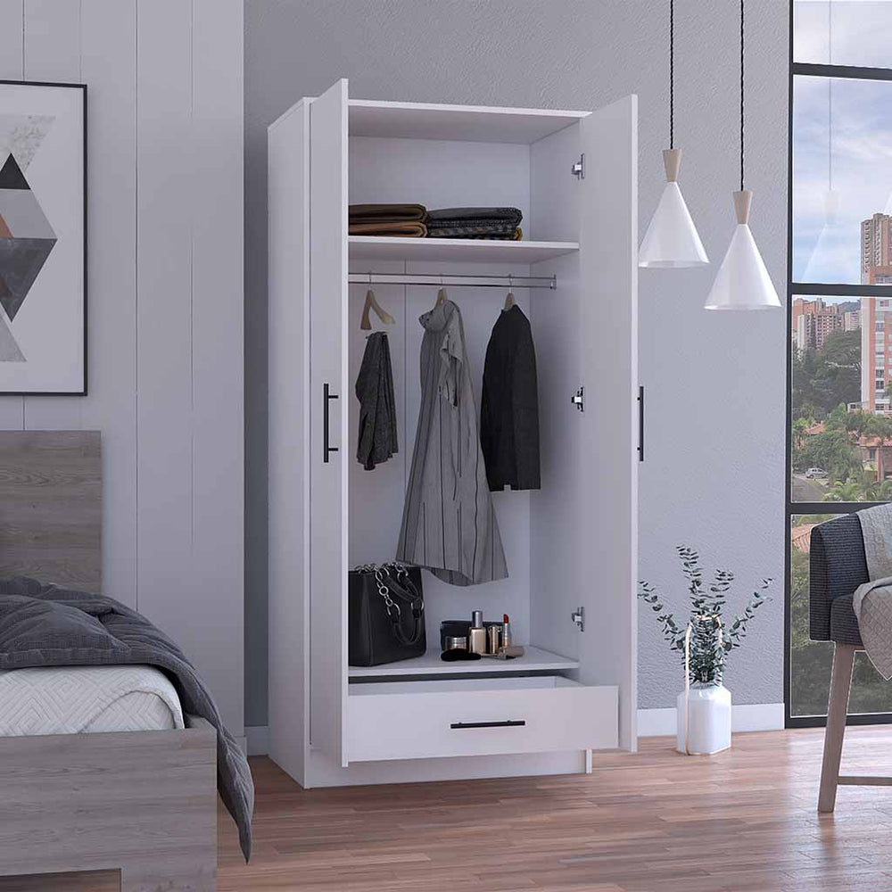 32-Inch Darwin Armoire with 1-Drawer and Double Door – Upper Storage Shelf