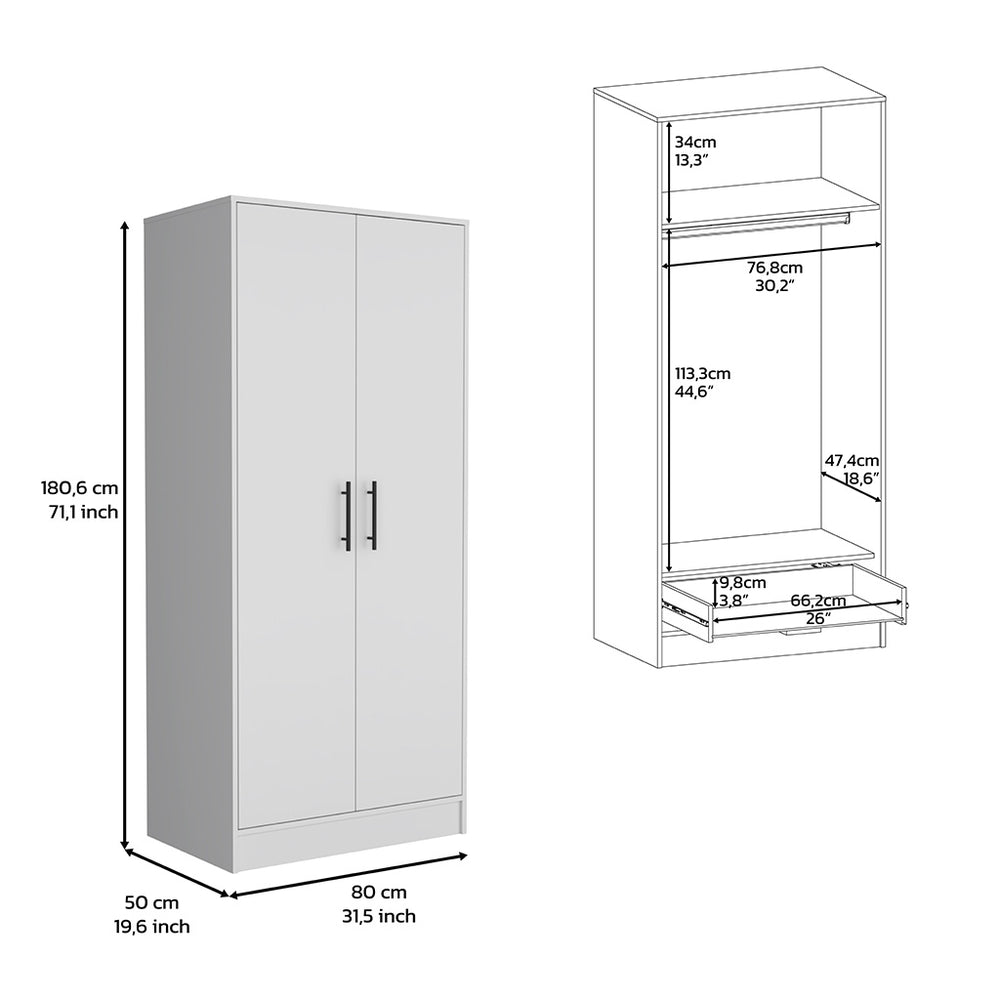 32-Inch Darwin Armoire with 1-Drawer and Double Door – Bottom Storage Drawer