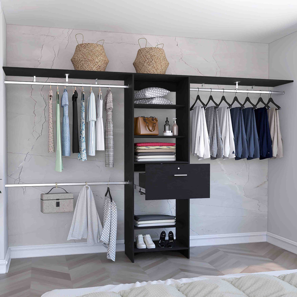 118-Inch Zamora Closet Organizer with 1-Drawer and 5 Open Shelves – Hanging Rods on Both Sides