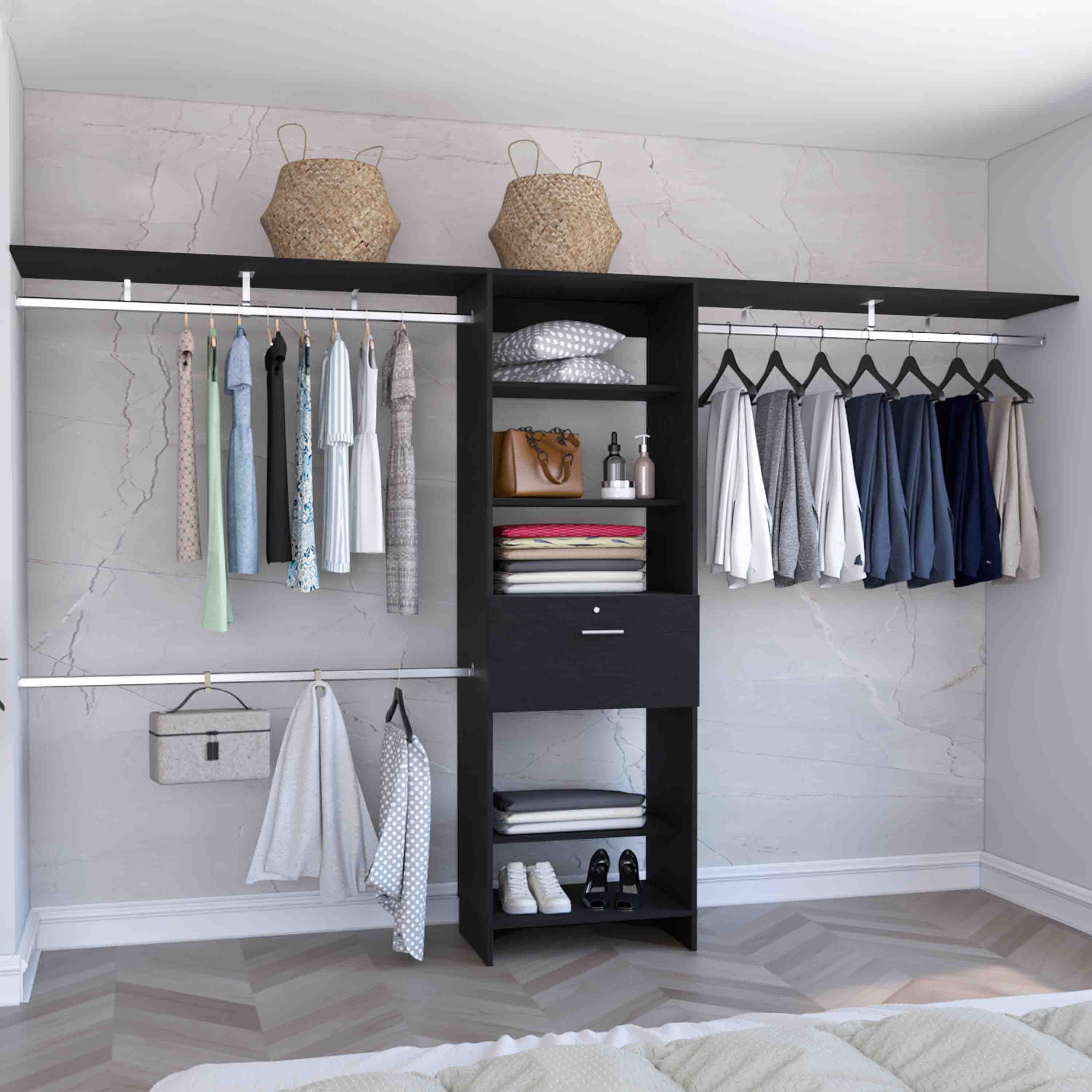 Zamora Closet System, Three Hanging Rods, Five Shelves, One Drawer