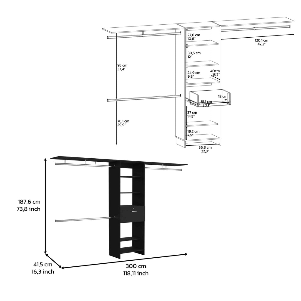 118-Inch Zamora Closet Organizer with 1-Drawer and 5 Open Shelves – Open Shelving Layout