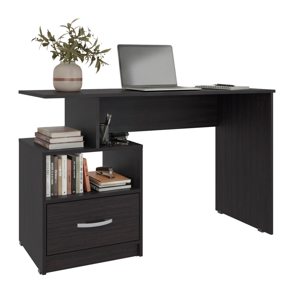 Kenly Desk with Open Bookshelf Storage and a Storage Drawer for Home Office Organization – Built-In Bookshelf Pedestal