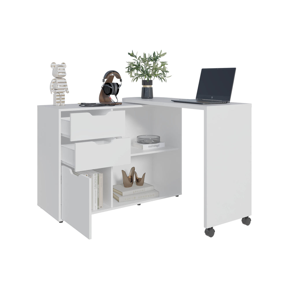 44-Inch Lamont Rotable Writing Desk with Casters and 2-Drawer – Open Interior Shelving