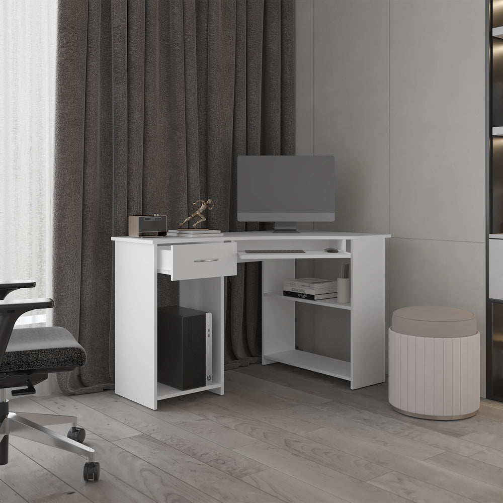 47-Inch Sturgeon Corner Desk with 2-Drawer and 3 Open Shelves – Pull-Out Keyboard Tray