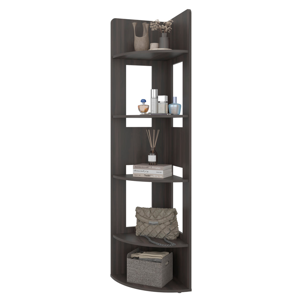 67"- Inch Hays Corner Bookcase  with Five Open Shelves – Dark Walnut Manufactured Wood Finish