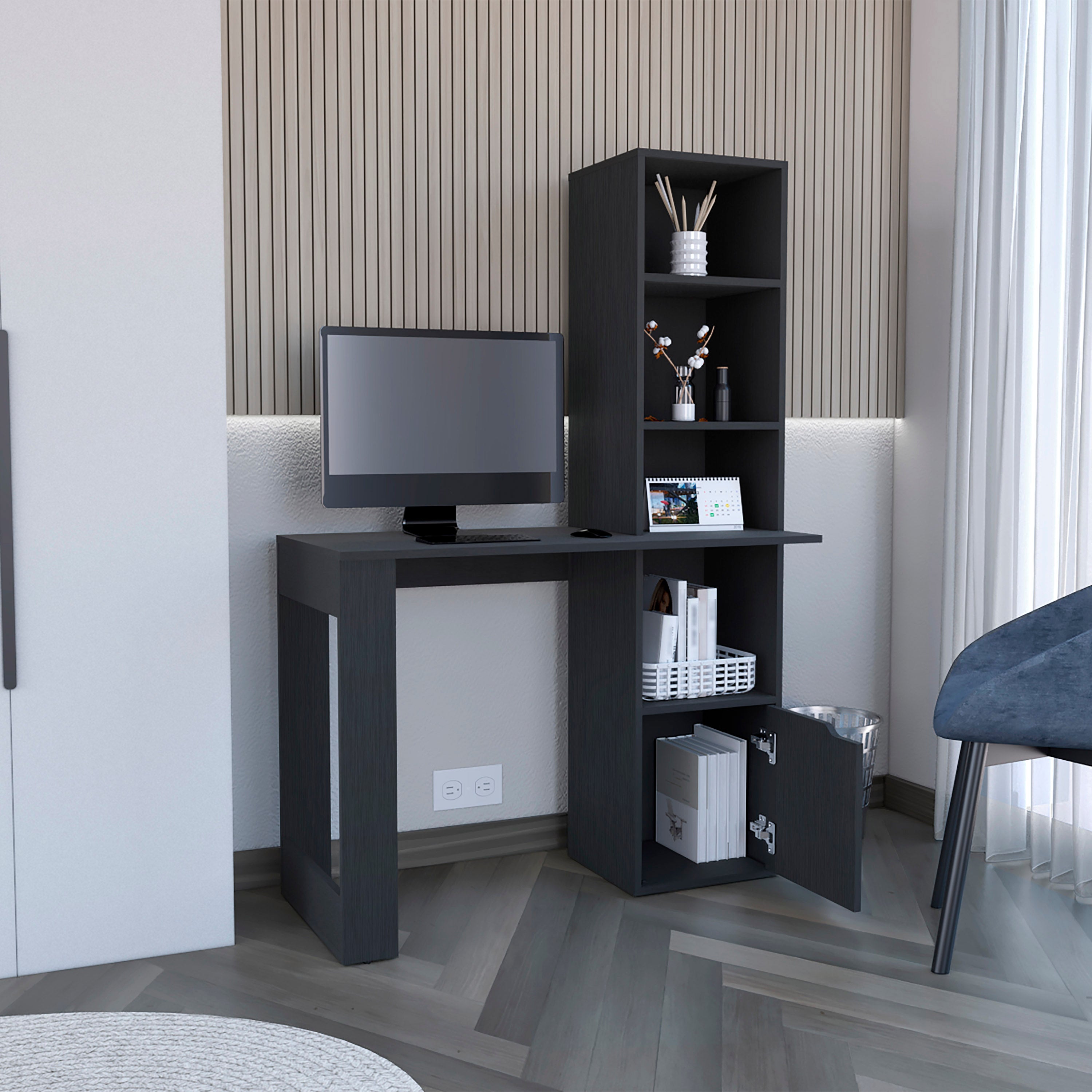 39-Inch Ripley Writing Desk with Storage Tower and Cabinet Door – with the cabinet open