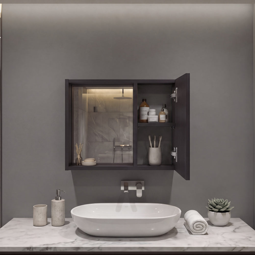 16-Inch Boone Wall-Mounted Bathroom Medicine Cabinet with Mirror & Shelves – Fixed Vanity Mirror with Open Ledge