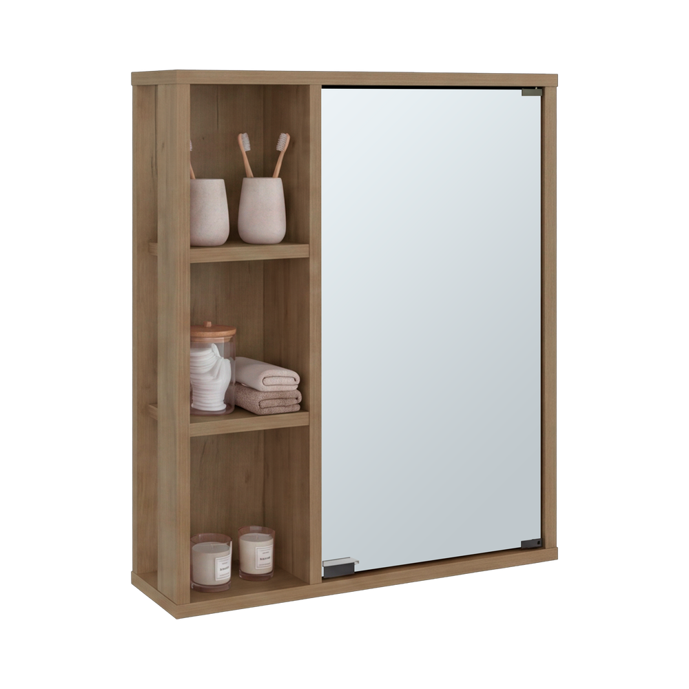 23-Inch Tonsina  Bathroom Wall Cabinet with Mirror Door – Medicine Cabinet with 6 Open Shelves & Mirrored Sliding Door – Open Side Display Shelves