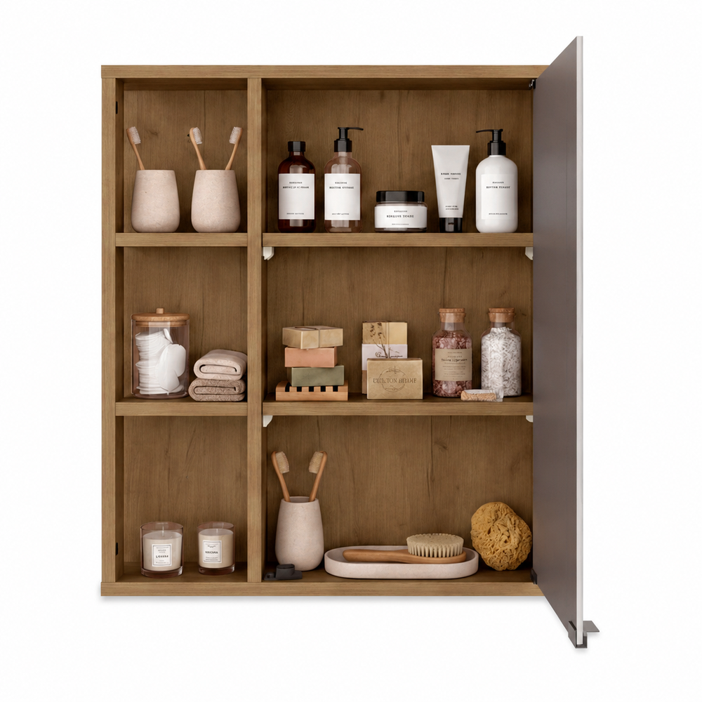 23-Inch Tonsina  Bathroom Wall Cabinet with Mirror Door – Medicine Cabinet with 6 Open Shelves & Mirrored Sliding Door – Walnut Manufactured Wood