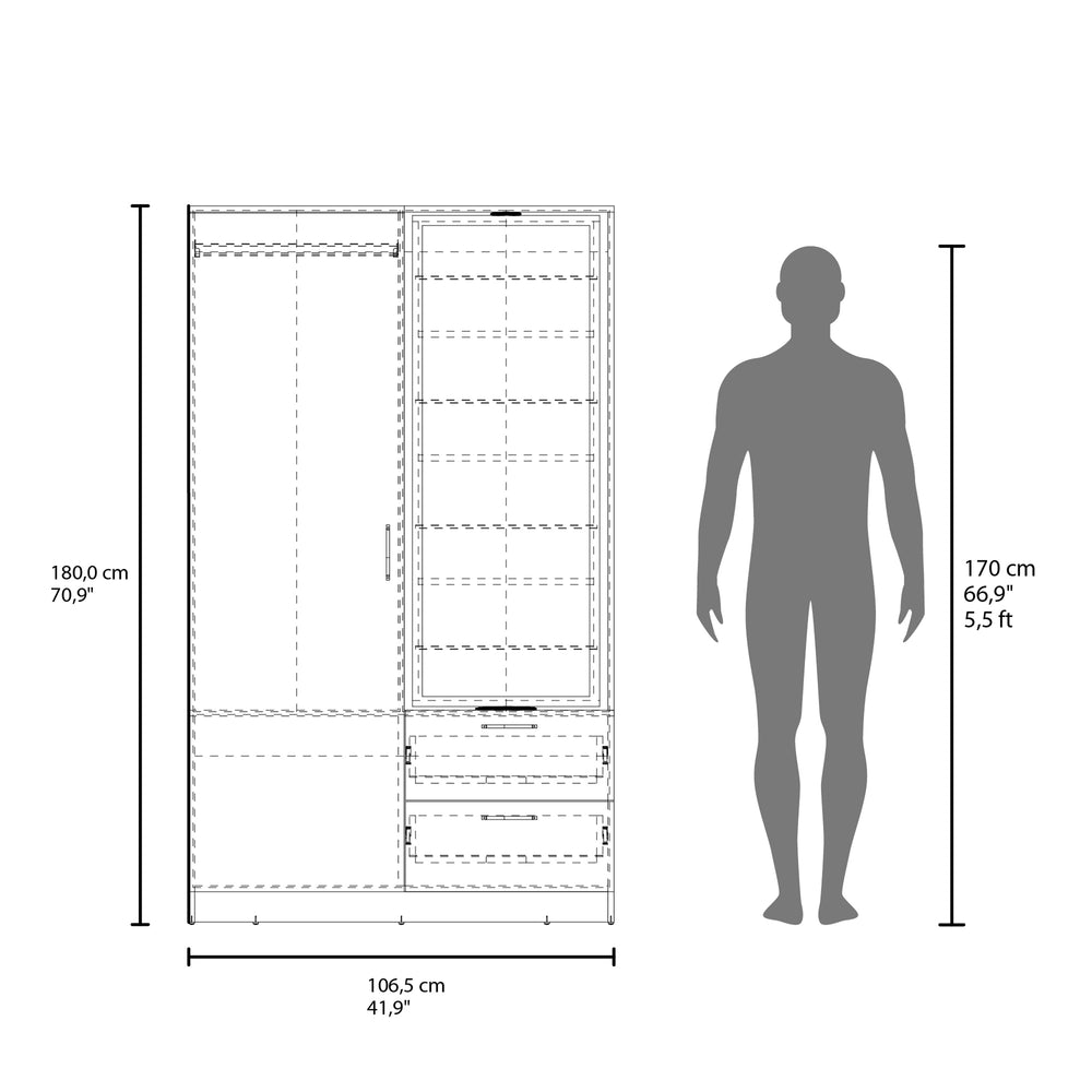42-Inch Vinco Armoire with 2-Drawer and Single Door – Hanging Closet Storage