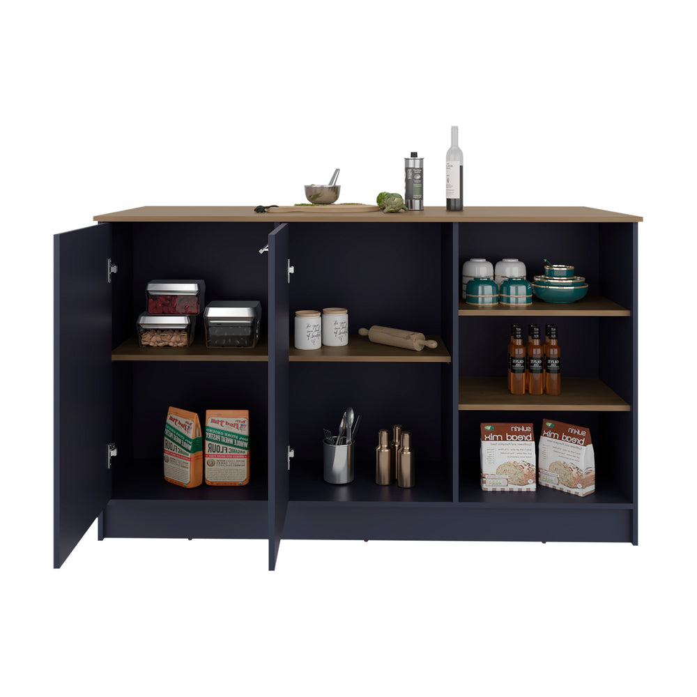 59-Inch Gambell Kitchen Island with Double Door and 7 Open Shelves – An alby blue and natural oak two-tone finish Finish
