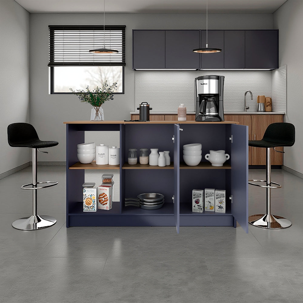 59-Inch Alana Kitchen Island with Double Door and 6 Open Shelves – Cabinet Door Storage