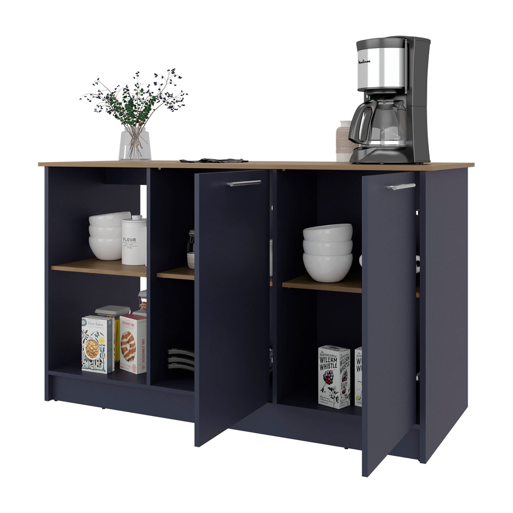 59-Inch Alana Kitchen Island with Double Door and 6 Open Shelves – An alby blue and natural oak two-tone finish Finish