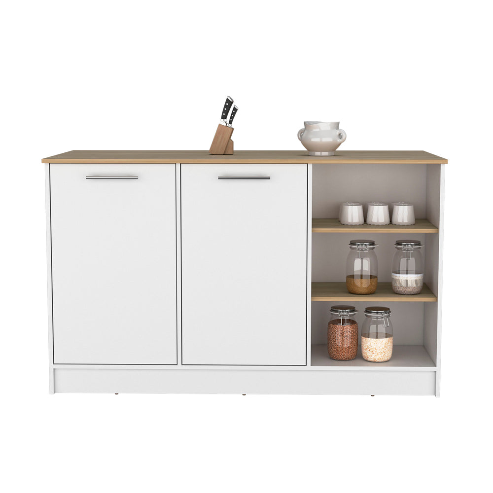 59-Inch Mars Kitchen Island with 3 Open Shelves – A white and natural oak two-tone finish Finish