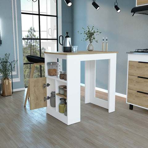 DEPOT E-SHOP Masset Kitchen Island with Side Shelve and Push to open Cabinet , White / Macadamia