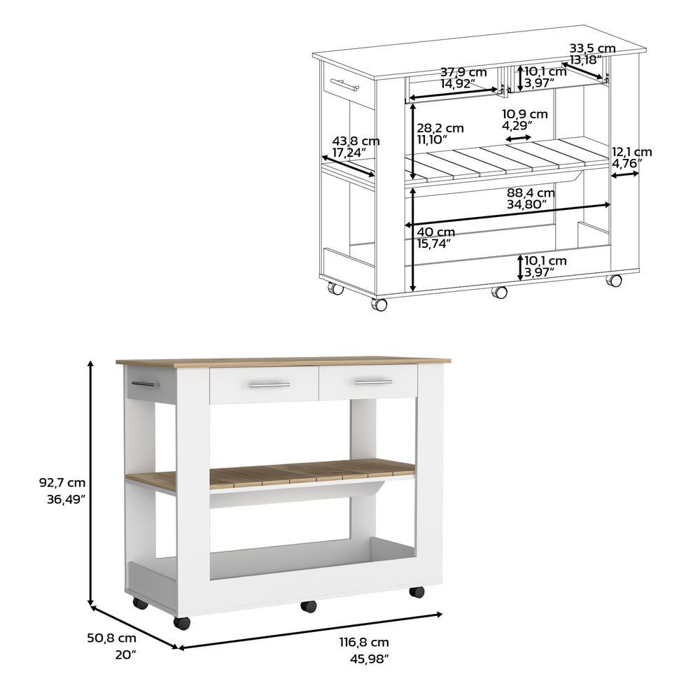 46-Inch Delos Kitchen Island with Casters and 2-Drawer – Open Lower Tray