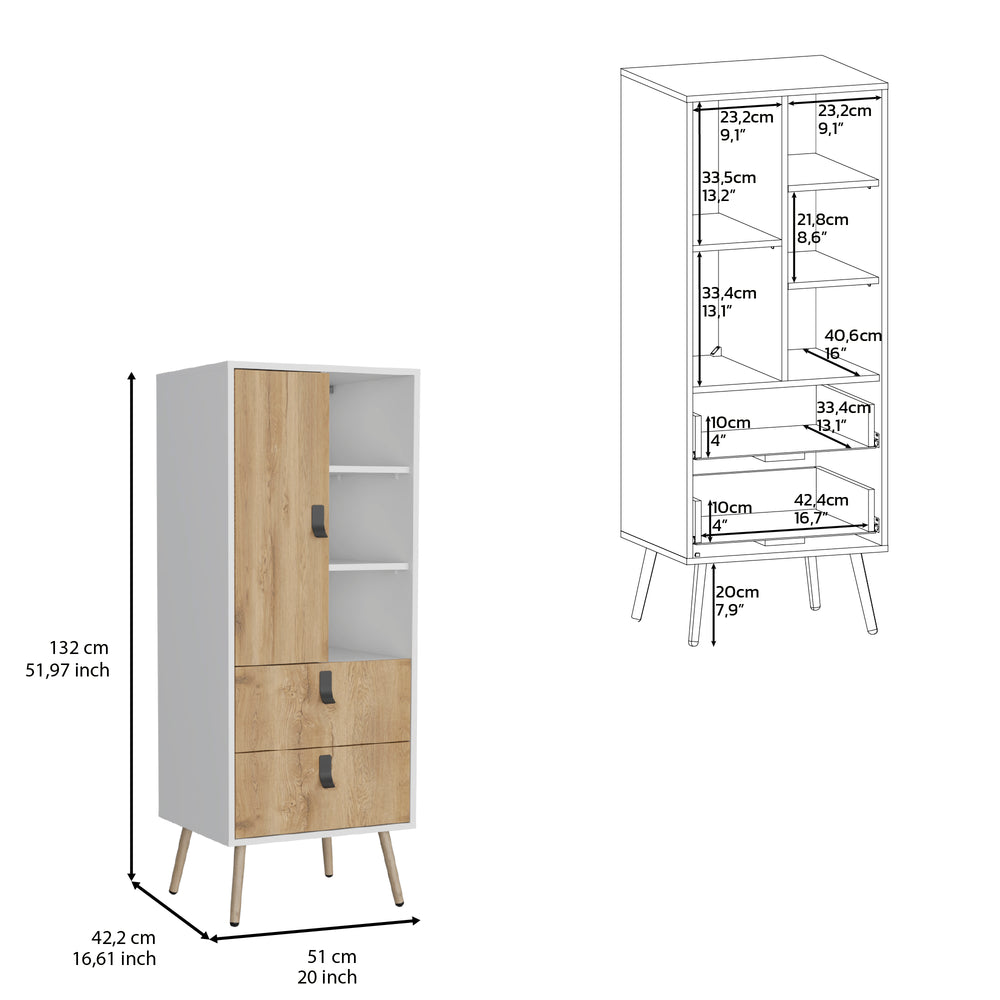 20-Inch Toka Tall Dresser with 2-Drawer and Single Door – Splayed Mid-Century Legs