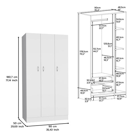 DEPOT E-SHOP Westbury Wardrobe Armoire with 3-Doors and 2-Inner Drawers, White