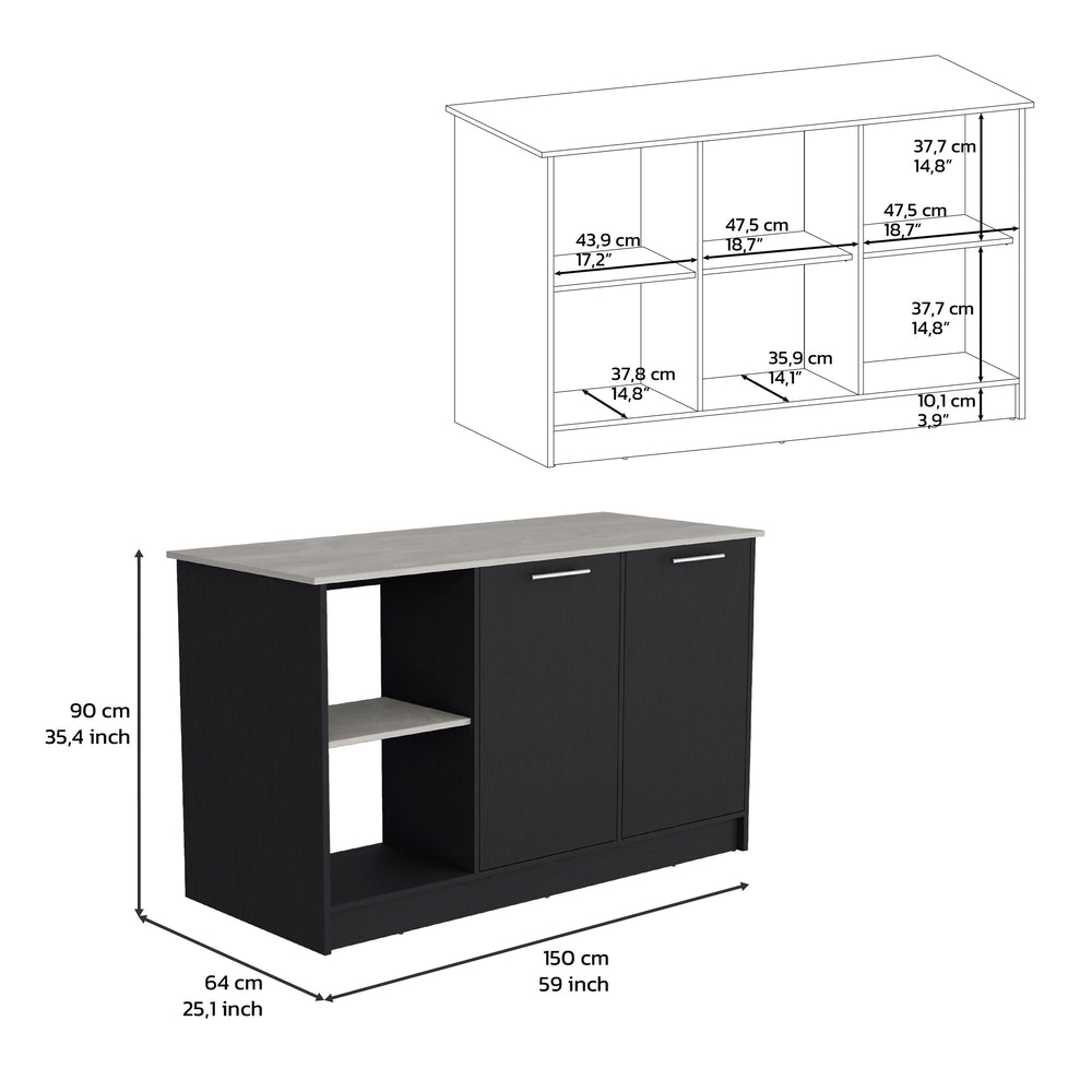 59-Inch Coral Kitchen Island with Double Door – Open Shelving Display